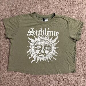 Divided Sublime Graphic Tee Women Size Large Olive Green Cropped Cotton Tshirt